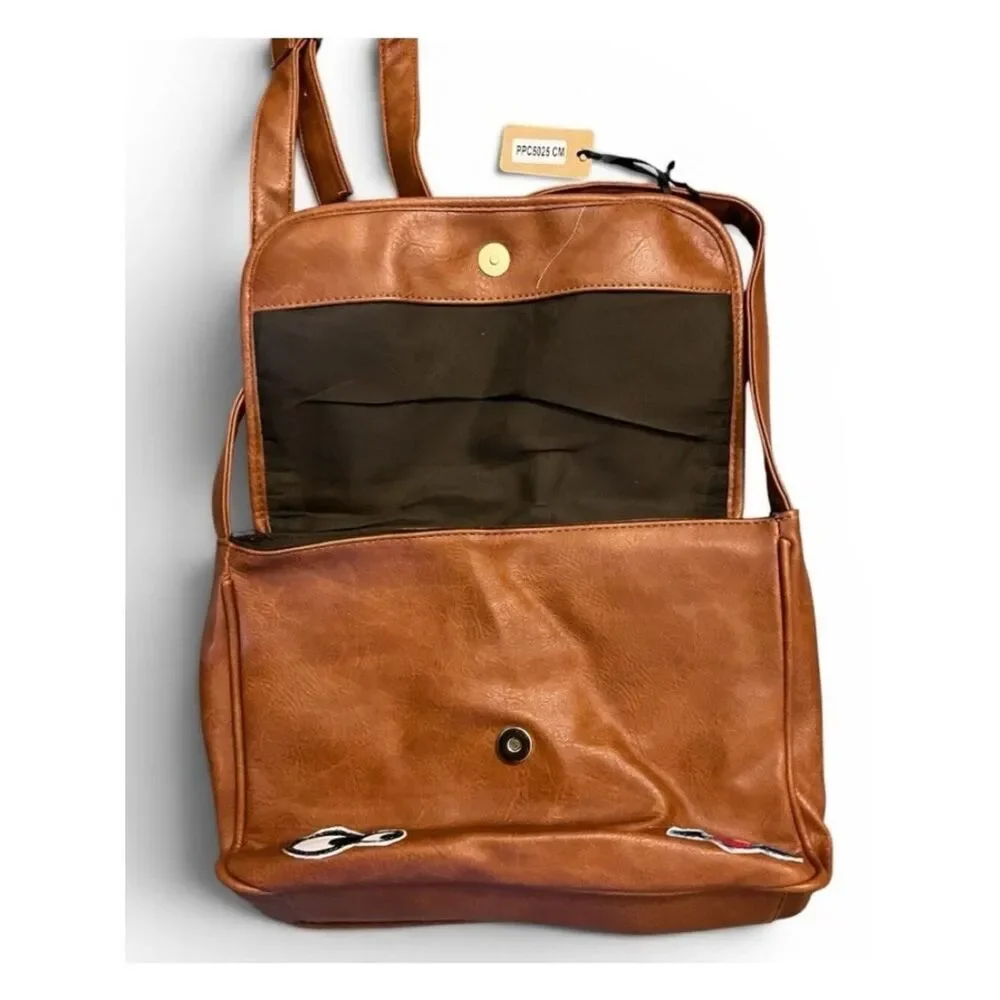 Hello 3AM Brown Faux Leather Satchel Crossbody Bag Patches Star Smiley Face Lips